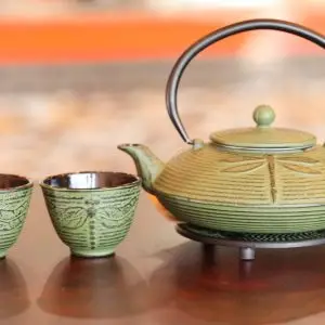 Cast Iron Tea Set Mocha/ Dots Green with Trivet