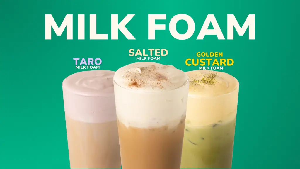 Variety of milk foam toppings in small bowls including salted milk foam, taro milk foam, and golden custard foam