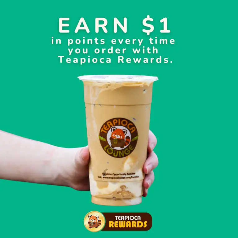 Graphic showcasing “$1 reward for every visit” with a loyalty card and happy customer holding a beverage
