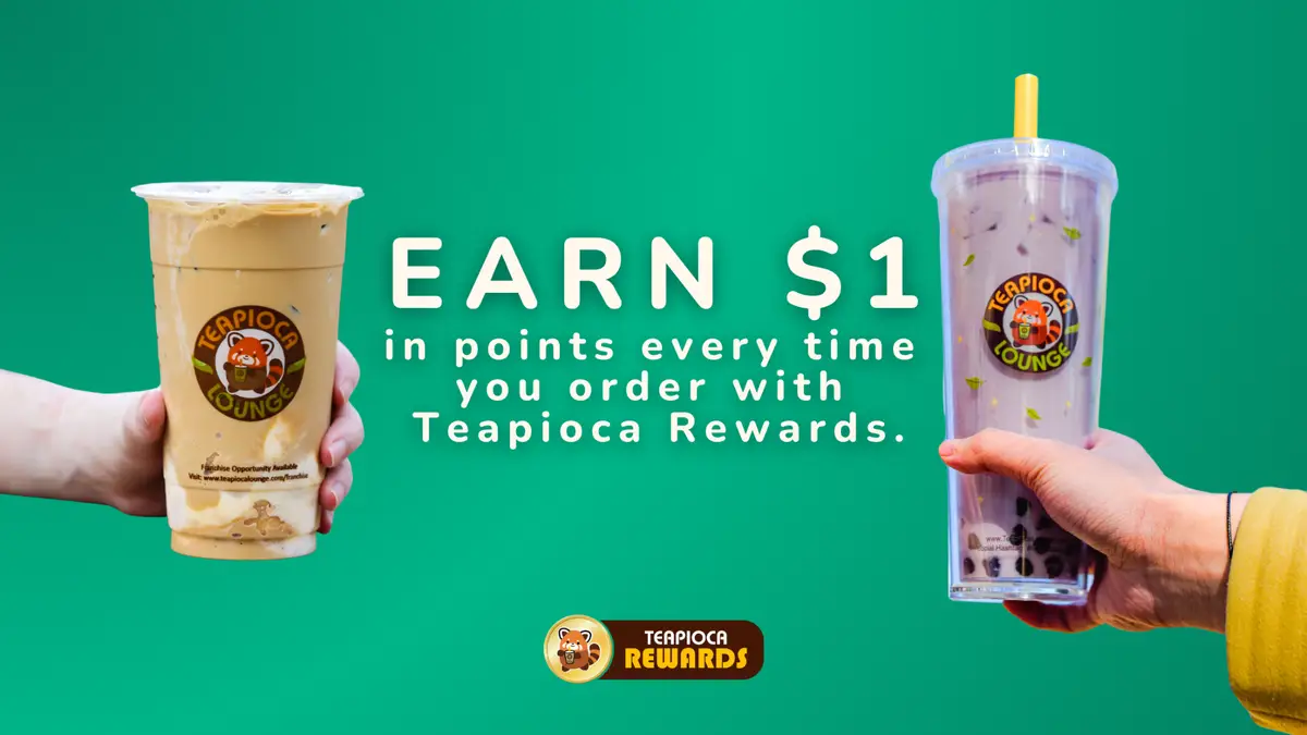 Graphic showcasing “$1 reward for every visit” with a loyalty card and happy customer holding a beverage
